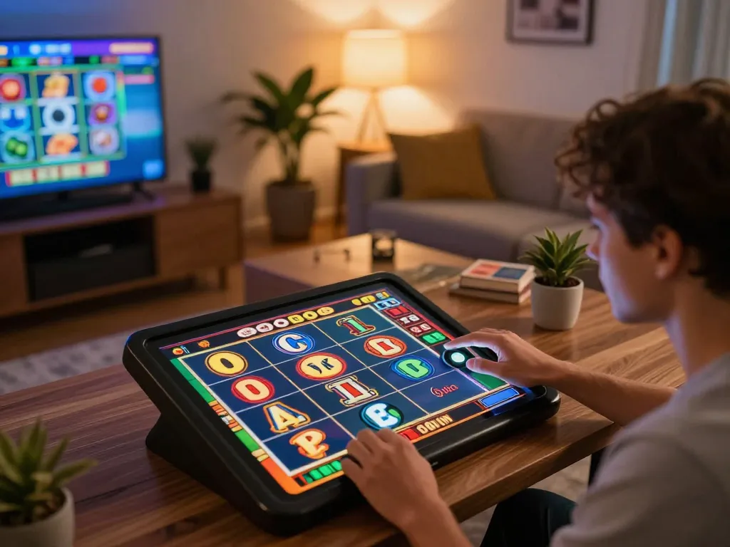 Engaging in a slot game on a tablet in a cozy home setup