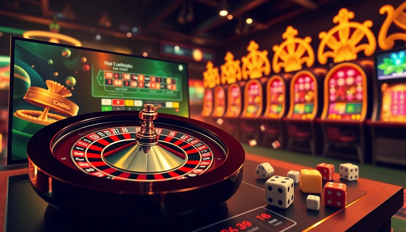 Experience the thrill of online gambling with OK8386 featuring poker chips and a roulette wheel.