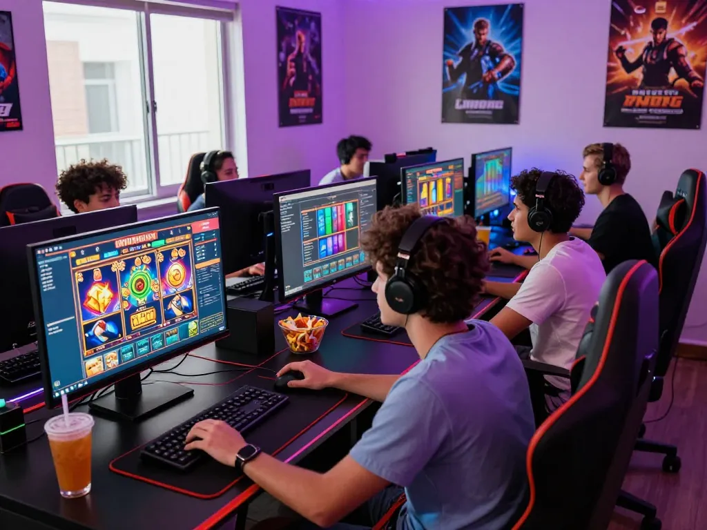 Exciting gaming environment showcasing friends playing Slot Gacor games on modern screens and laptops, creating a vibrant atmosphere.