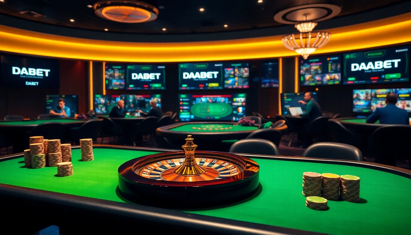 DABET casino enthusiasts playing on modern gaming tables with vibrant chips and immersive betting interfaces.