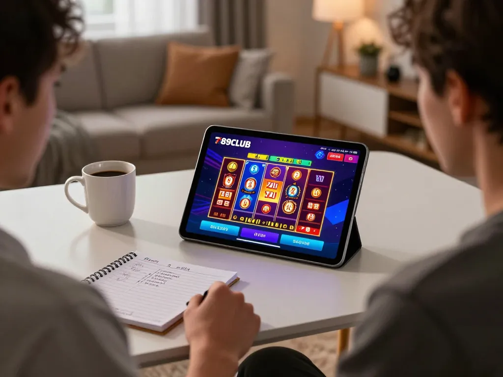 Engaged gamer using 789CLUB app on tablet in a cozy living room setting with strategic notes.