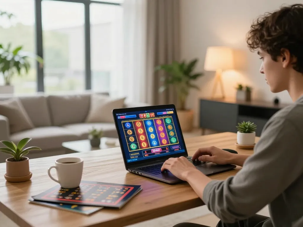 Engaged player enjoying kkwin online casino gaming on a laptop in a stylish home setup.