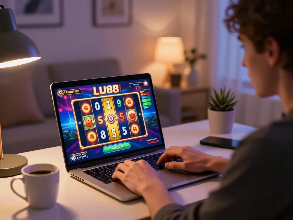 Engage with LU88 online casino gaming at home, showcasing a player immersed in slot action.