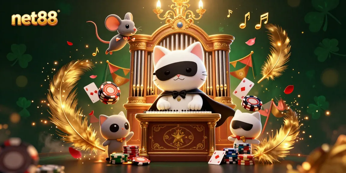 Engage with net88's magical casino adventure featuring a whimsical cat and acrobat, showcasing thrilling gambling elements.