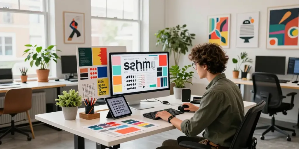 Creative workspace for sarahmehu design featuring vibrant elements and natural light.
