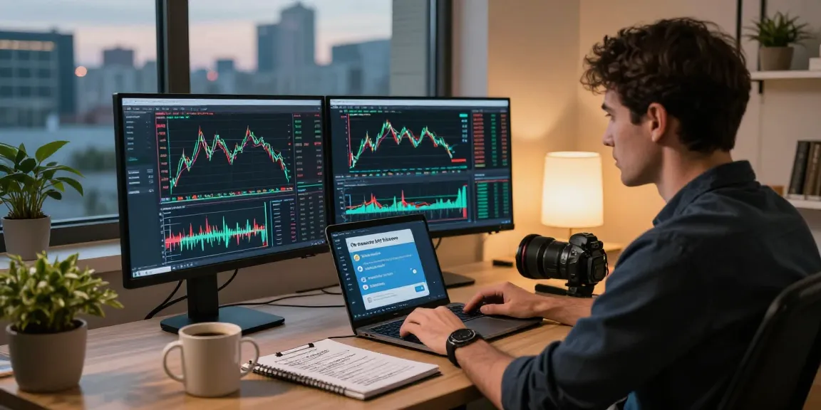 Engaged trader analyzing market trends with maestro bot telegram in modern home office.