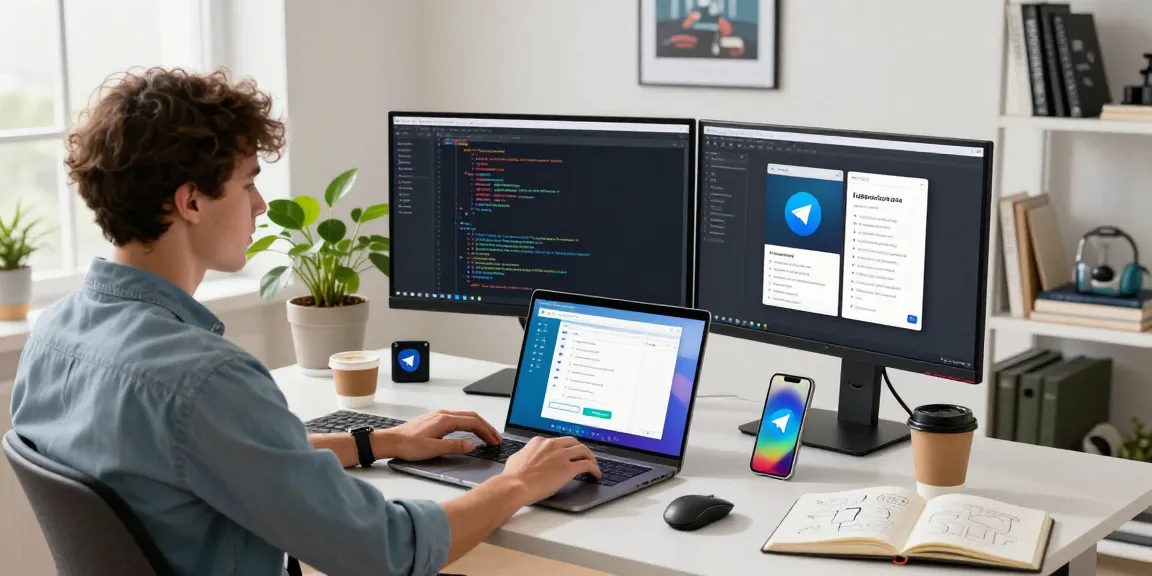 Professional using Telegram Web Version on a modern workspace with multiple monitors and tech tools.