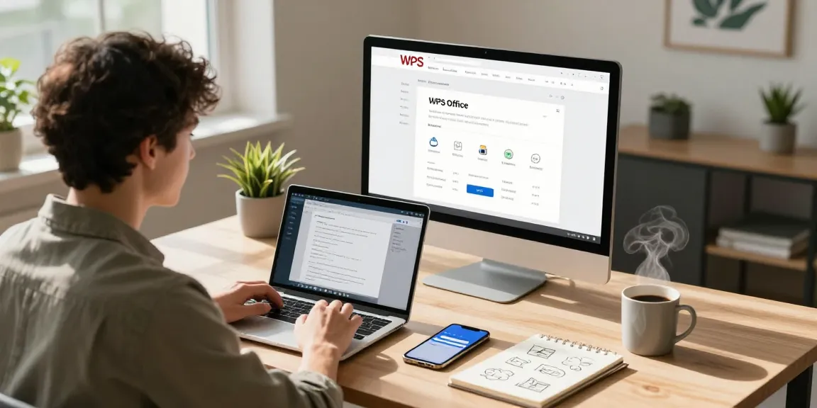 WPS Download scene showing a professional exploring software features in a modern workspace.