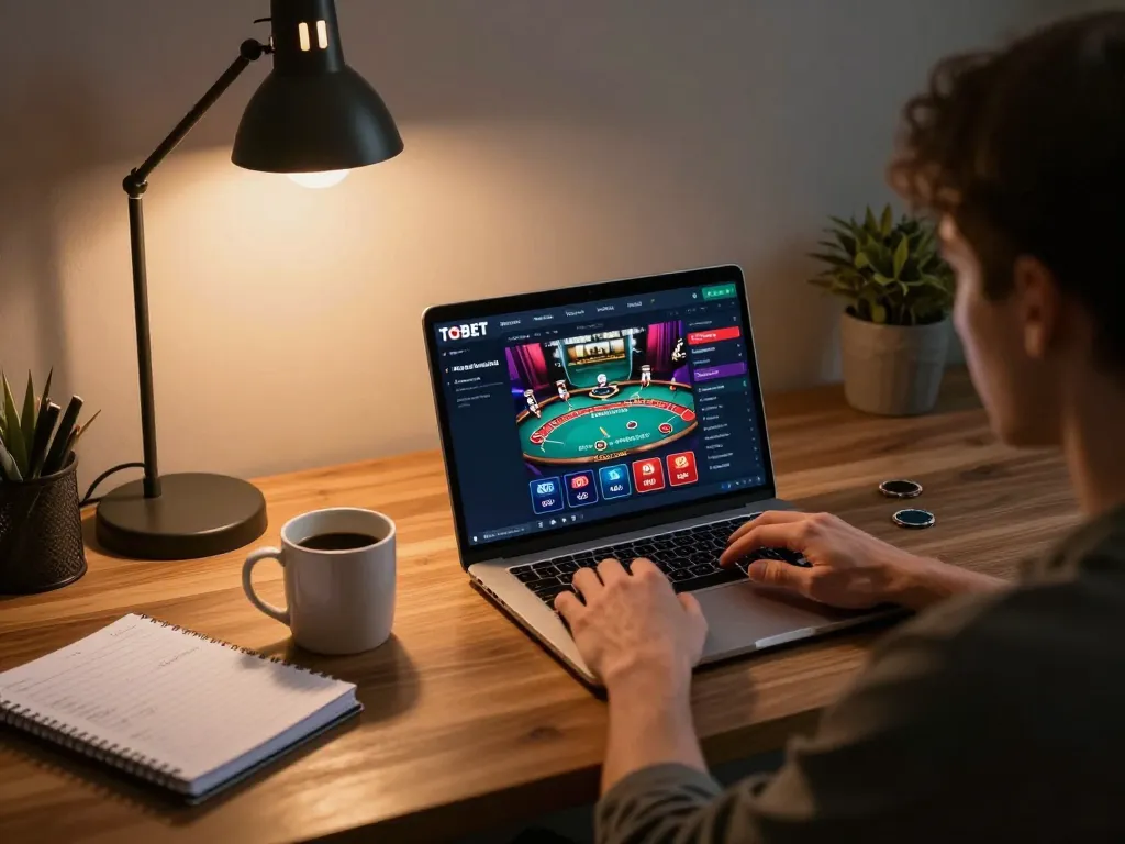 Engaging with the TOPBET online casino interface during a focused gaming session on a laptop.