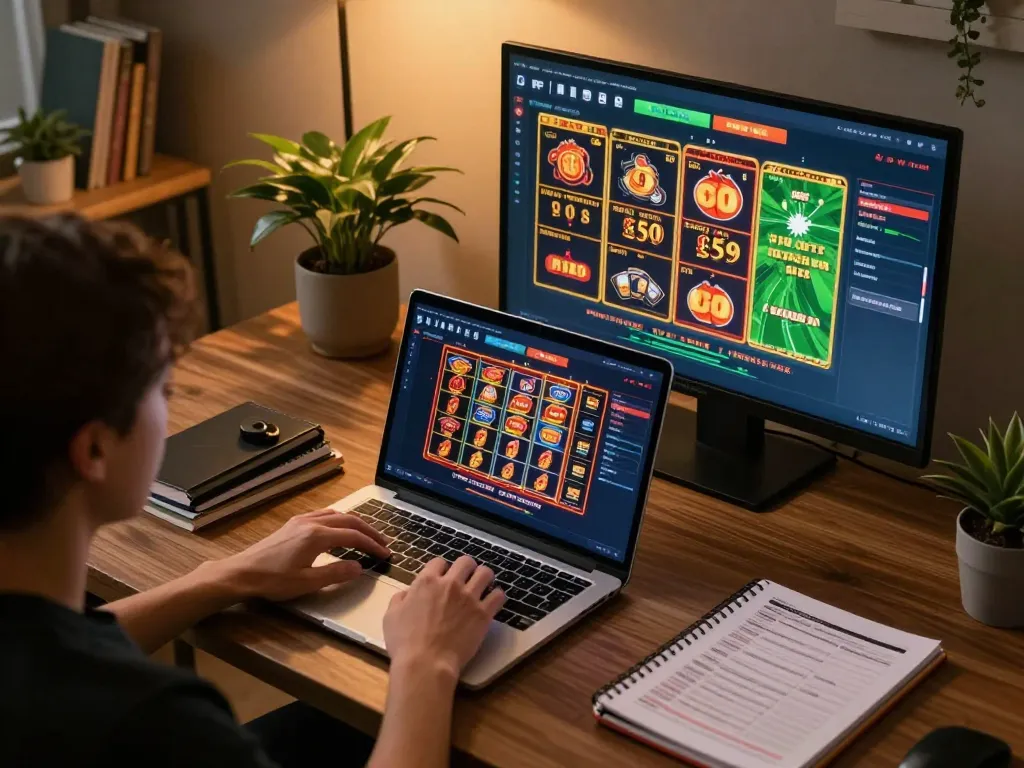 Engaged player exploring vnloto online casino games, showcasing strategic gameplay and cozy atmosphere.