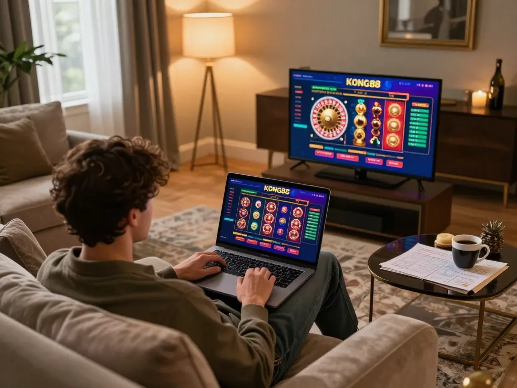 KONG88 online gaming scene showcasing a stylish setup with casino interface and strategy notes.