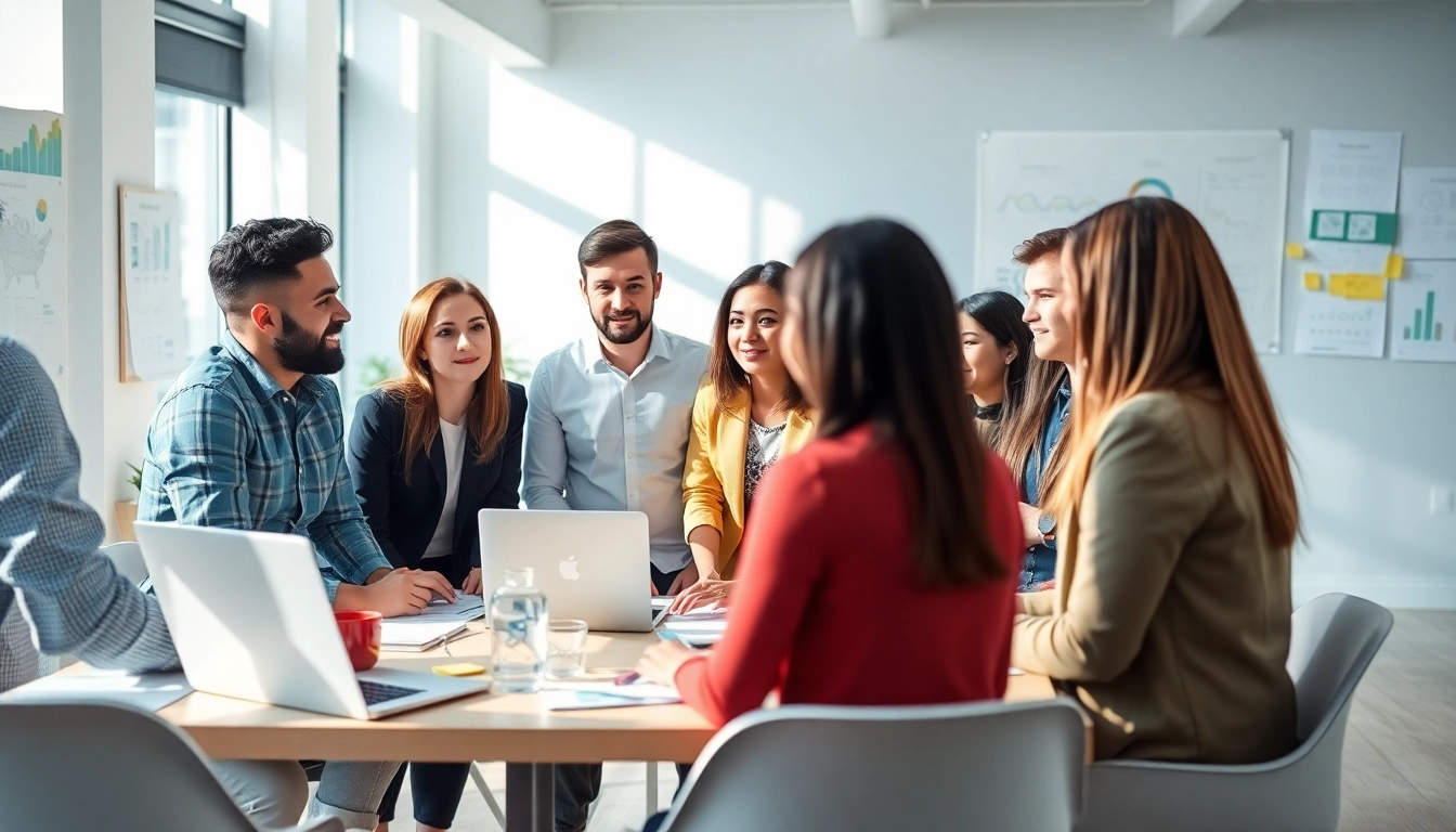 Team collaborating on digital marketing strategies in a modern office environment.