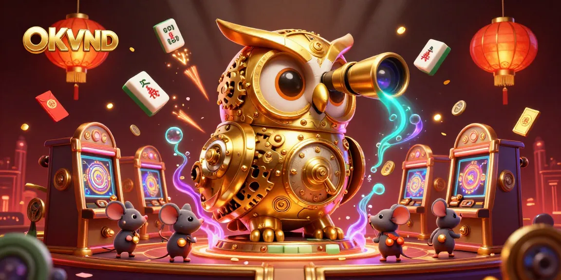 Engage with OKVND's vibrant casino scene featuring a golden owl and animated mice among rich game elements.