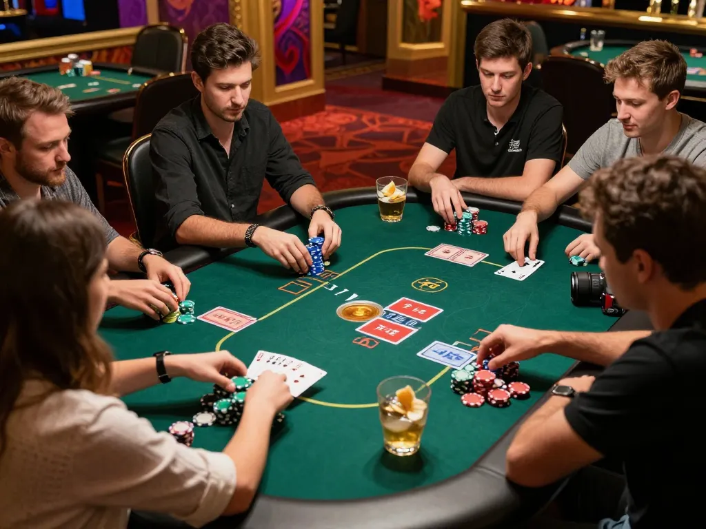 VU88 players enjoy an intense poker game with chips and cards at a luxury casino table.
