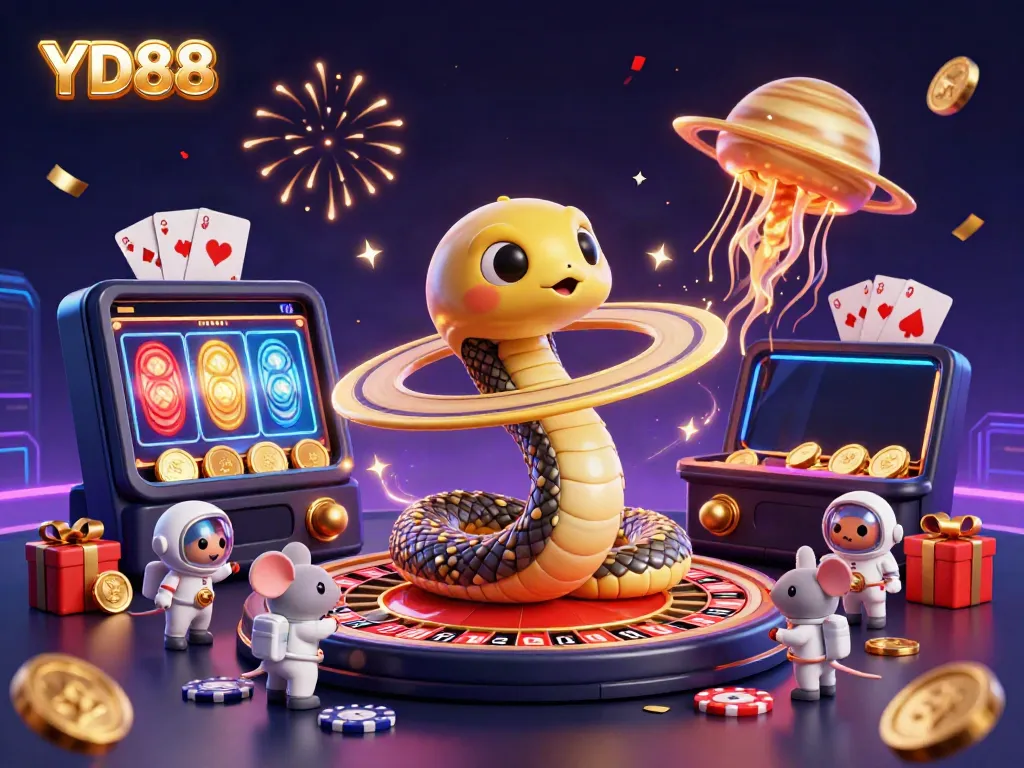 Experience the fun of YD88 with a vibrant 3D illustration showcasing cosmic-themed casino gaming.