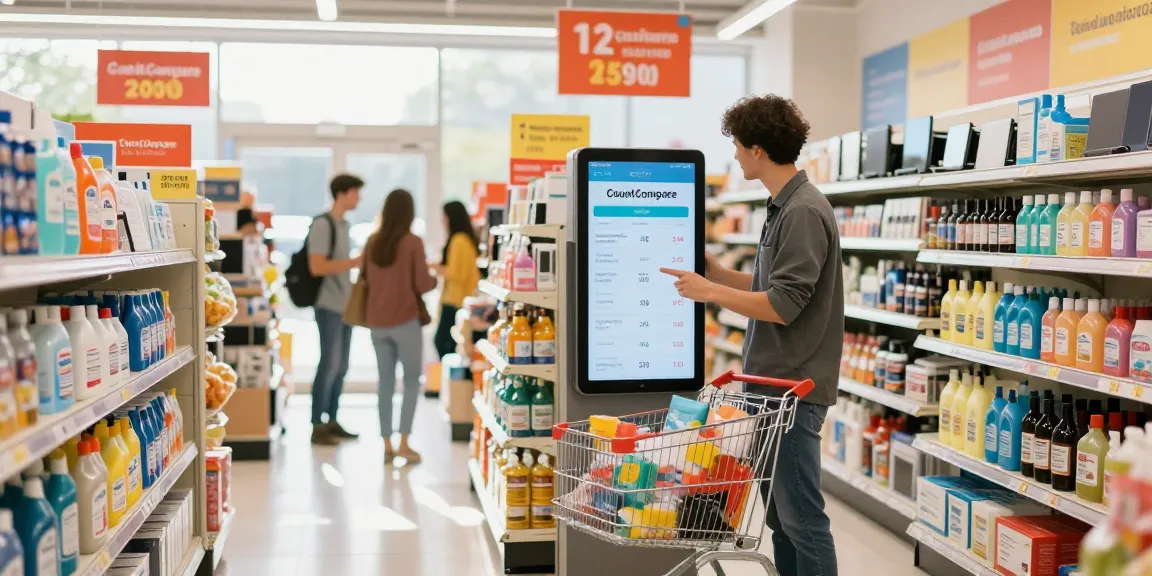 Customer using CountCompare for smart pricing in a modern retail store.