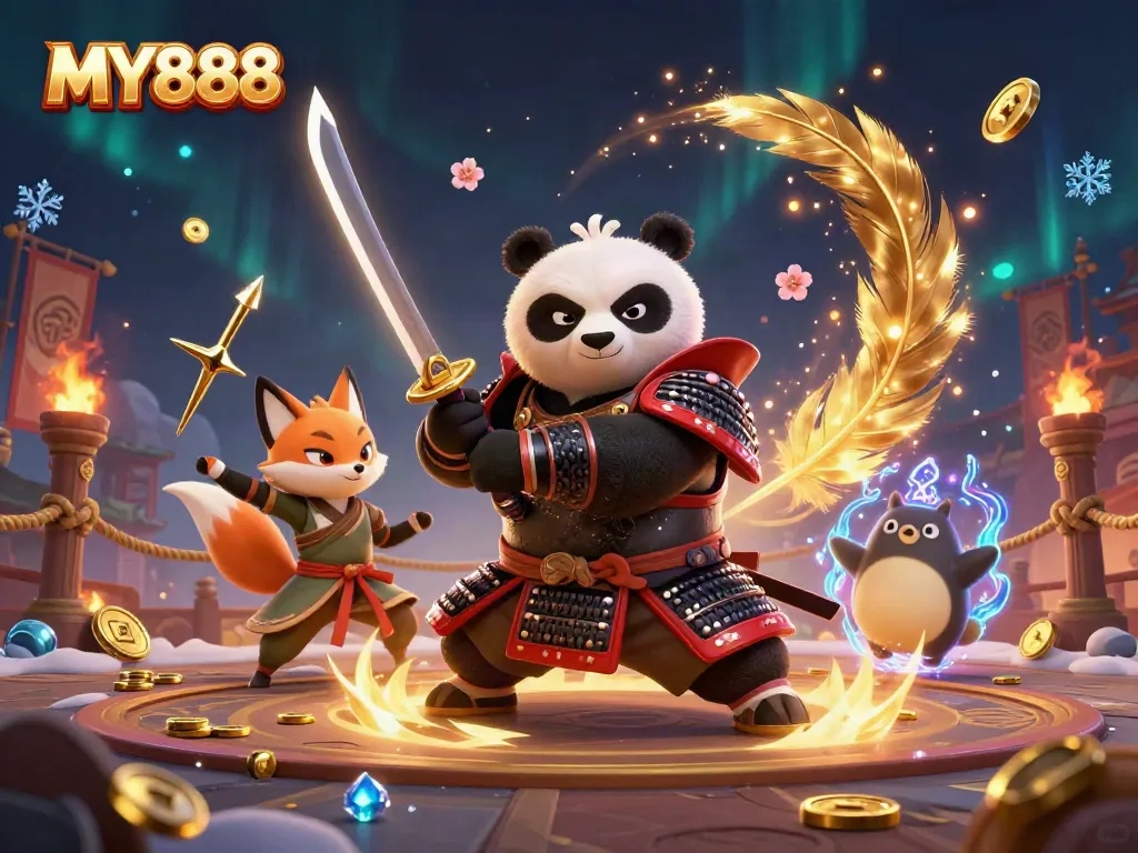 Engage in thrilling betting at MY888 with an exciting illustration featuring samurai panda and ninja fox.