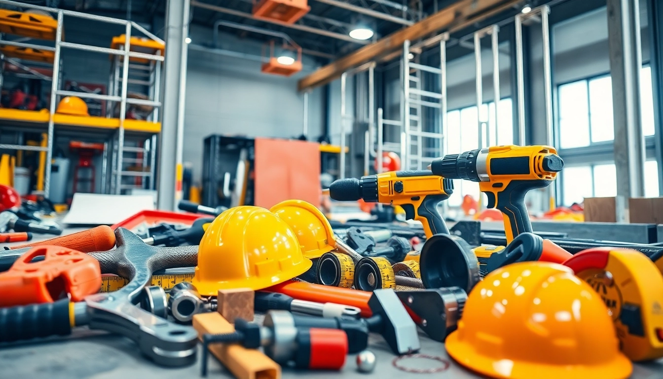 Scena dinamica di costruzione che mostra utensili edilizia essenziali come trapani e martelli, progettati per professionisti.
