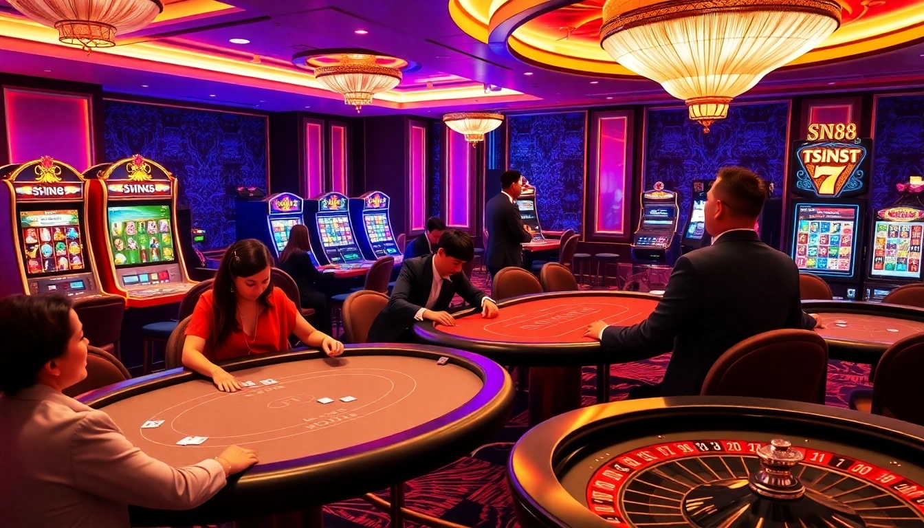 Experience the excitement of SIN88 with gamblers playing poker at luxurious casino tables.