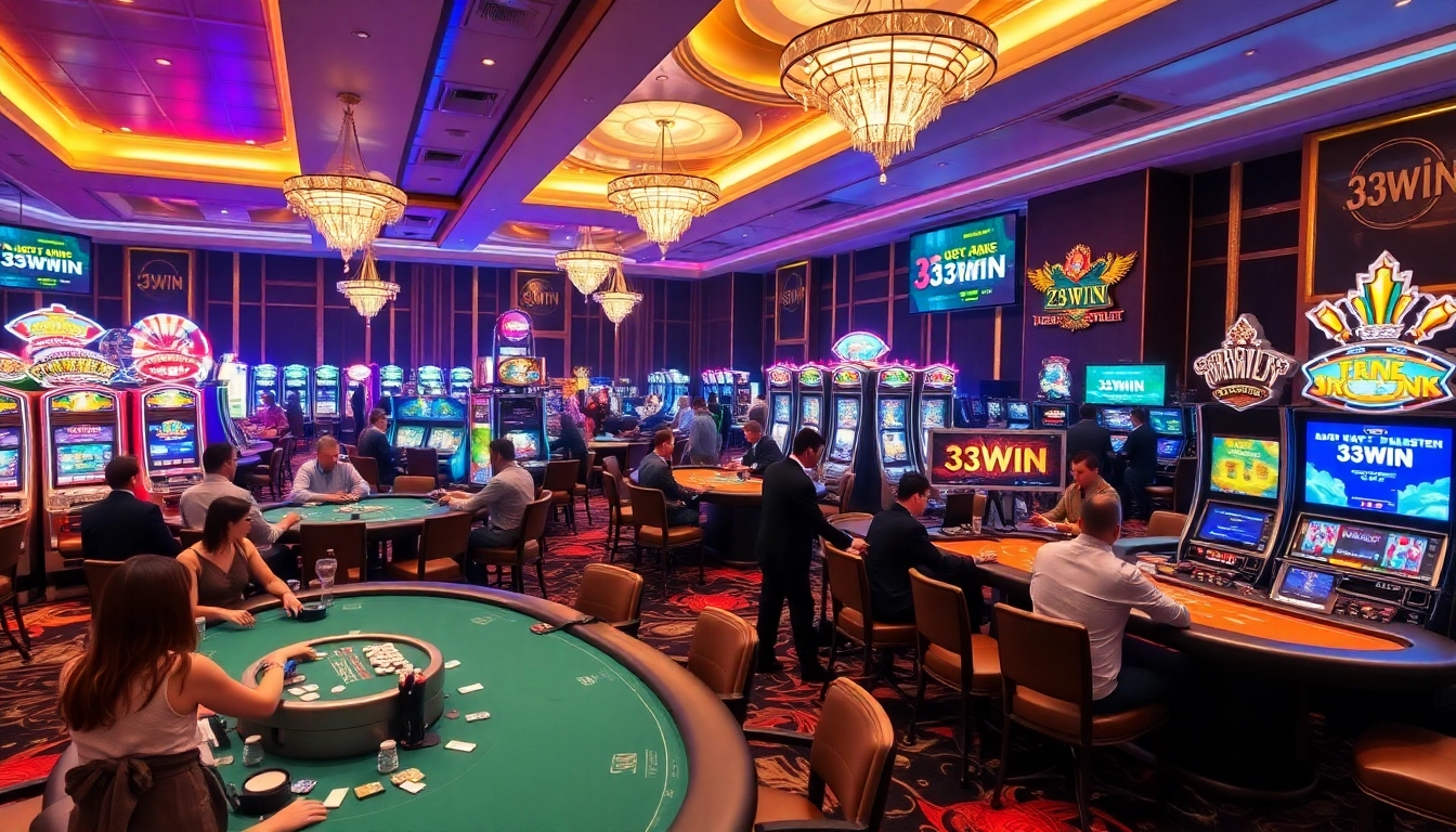 33WIN casino scene showcasing vibrant slot machines and enthusiastic gamblers.