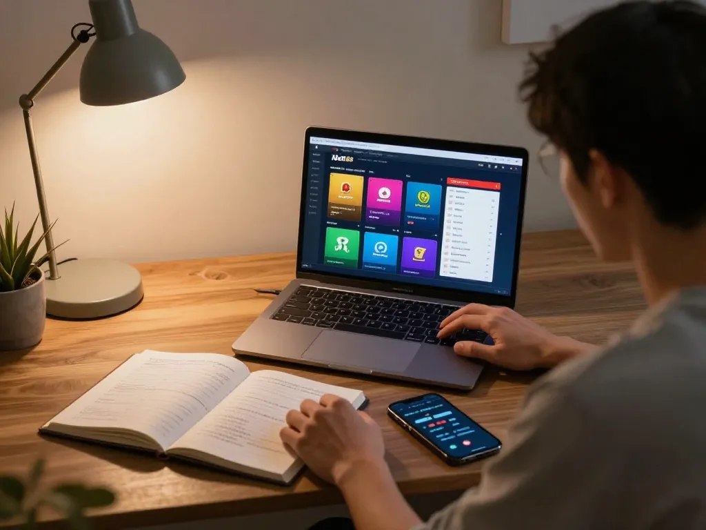 Engaged player using nhà cái Net88 for online betting with strategic notes nearby