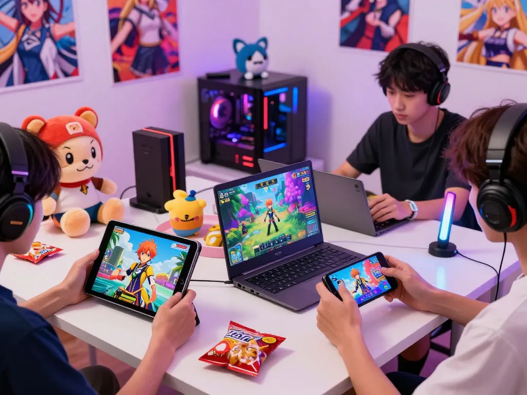 Exciting scene of gamers playing hentai games on multiple devices in a vibrant, decorated room.