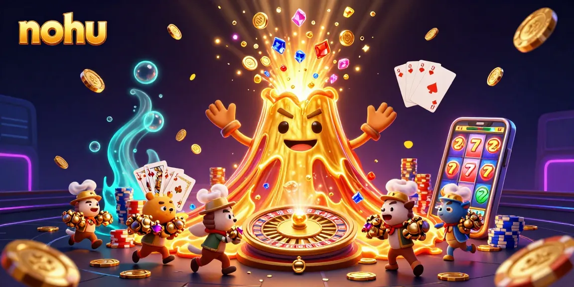 Nohu showcases a jubilant golden volcano amidst gems and coins, in a vibrant casino scene.