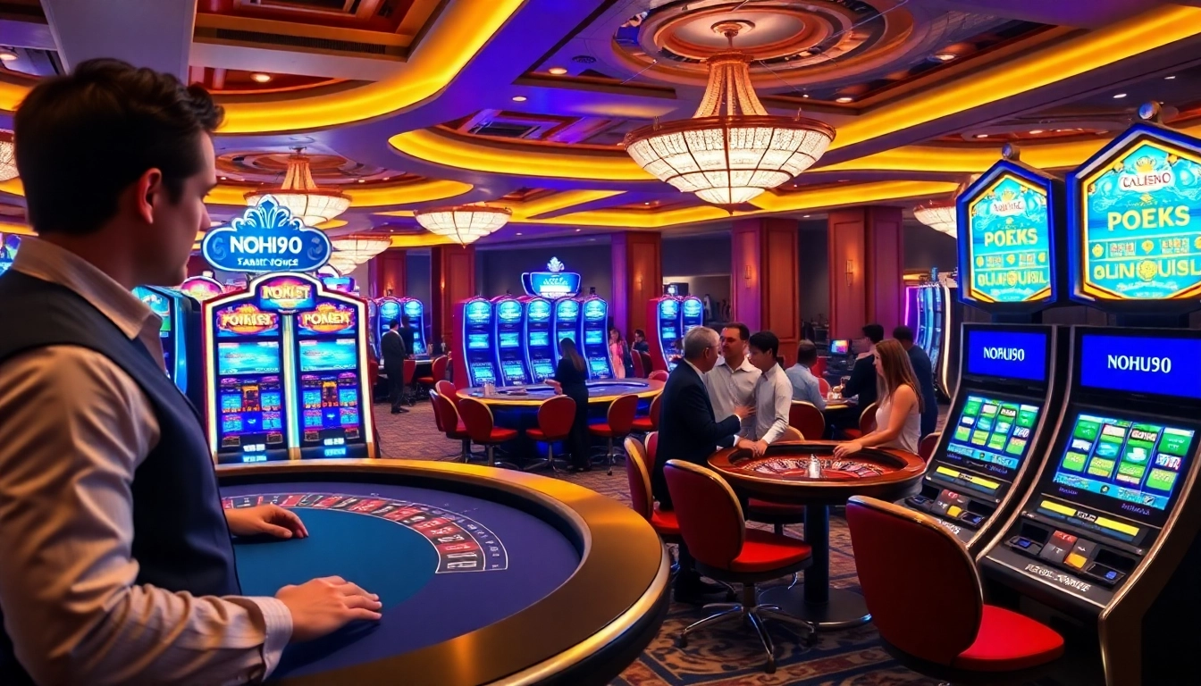 Experience the thrill of gaming at NOHU90 with vibrant casino scenes and betting excitement.