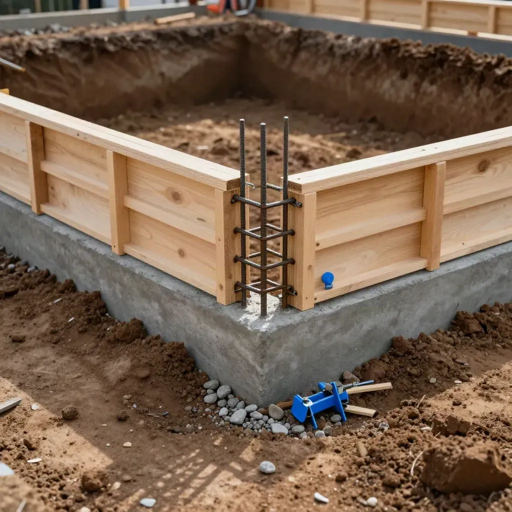 Trincea di fondazione nuova con armature, casseforme e ghiaia compattata pronta per il getto.