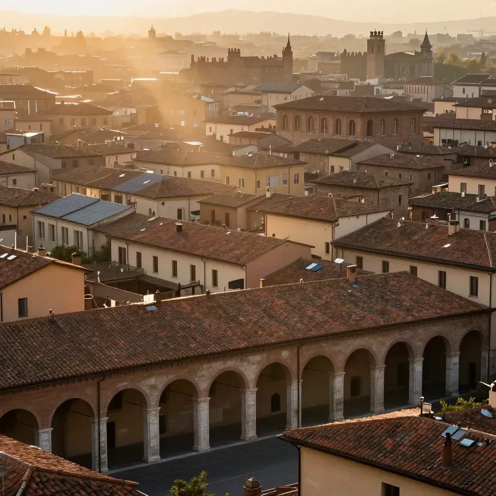 Portici di Bologna e tetti in laterizio in una foschia dorata, vista ampia e calma