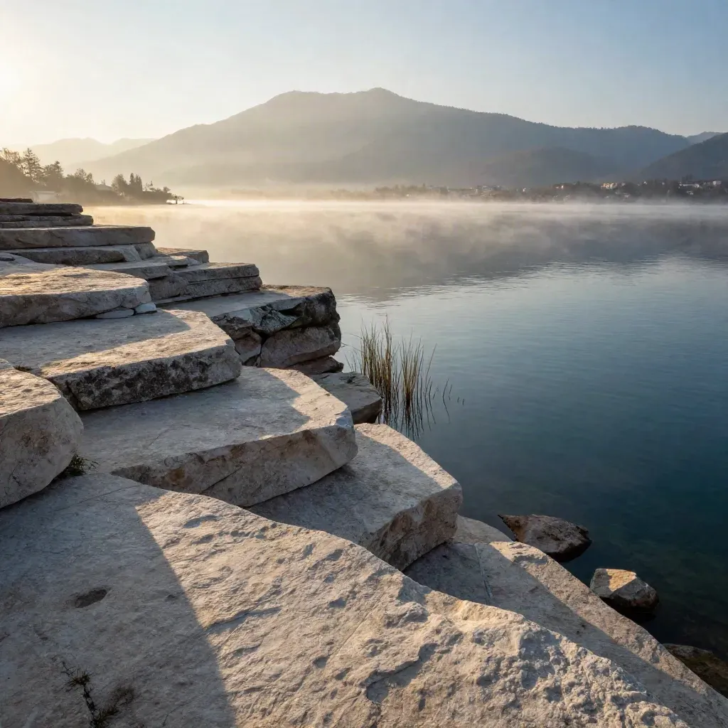 Paesaggio lombardo con lago calmo, pietra chiara e profilo alpino velato nella foschia.