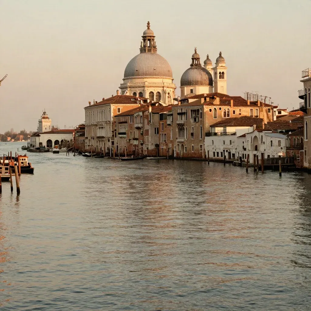Veduta veneziana al tramonto con canali, riflessi morbidi e profili urbani in bruma.