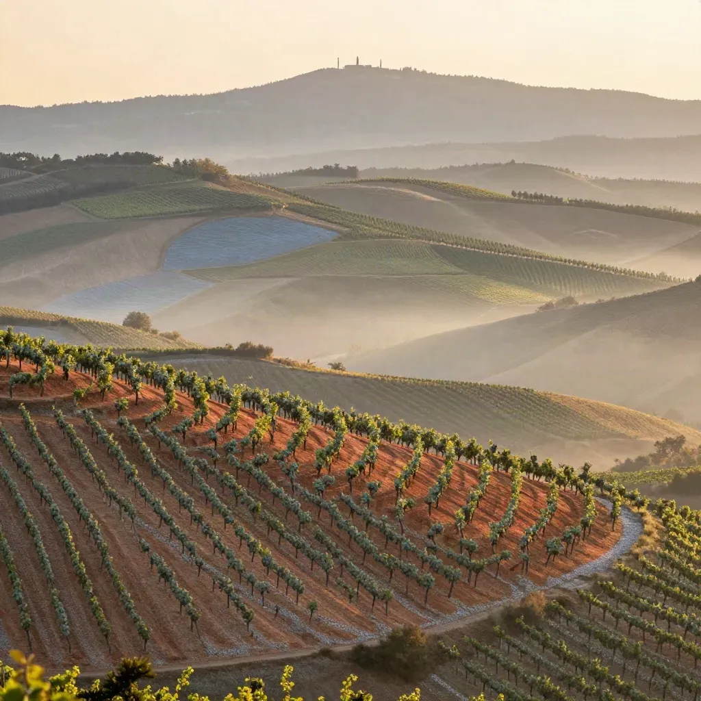 Colline delle Langhe con vigneti e Alpi lontane sotto una foschia dorata