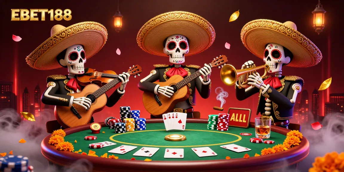 Engage with EBET188's vibrant casino scene featuring colorful skeleton mariachi musicians and poker action.