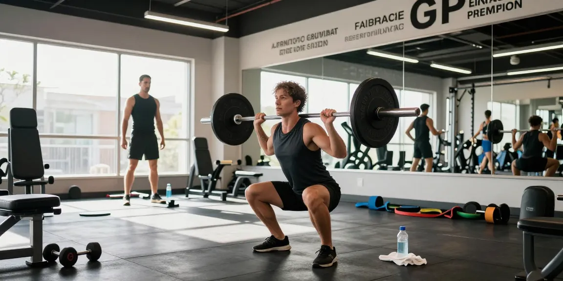 Steroide Boutique fitness scene with athlete performing barbell squat in a modern gym