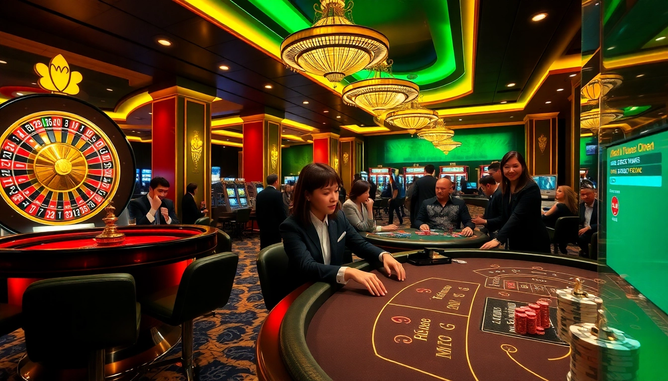 Engaged players enjoying games at MM88 casino with vibrant roulette wheel and poker tables.