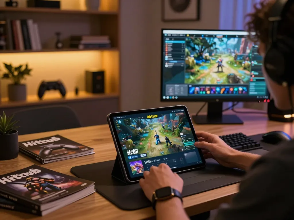 Engaged player strategizing with Hitclub app on tablet in a cozy gaming setup