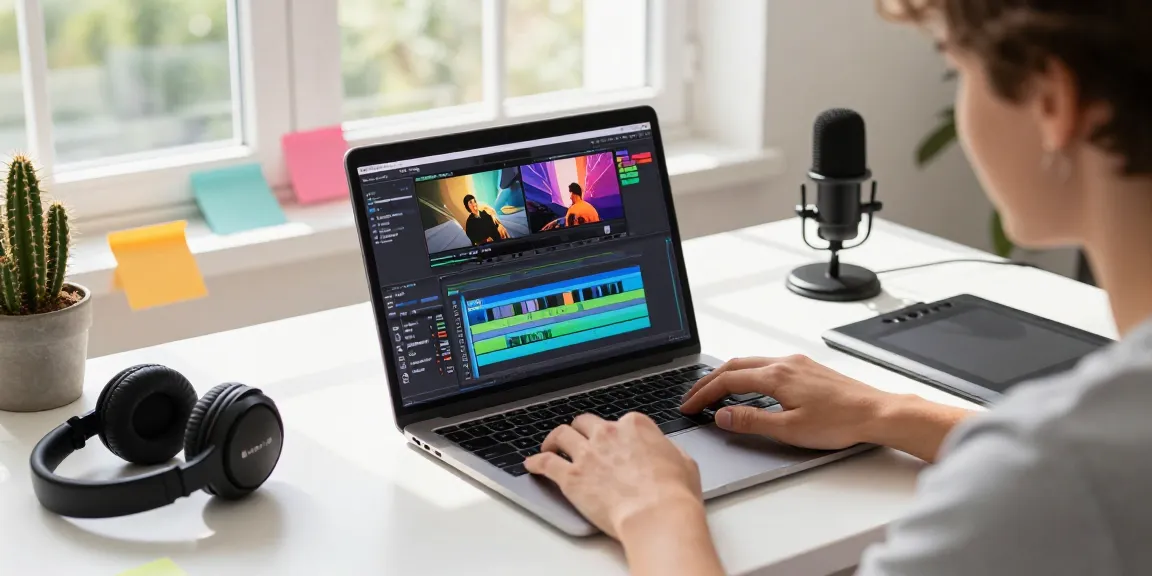 Editing video with overlay text at a bright workspace, showcasing editing tools and vibrant atmosphere.