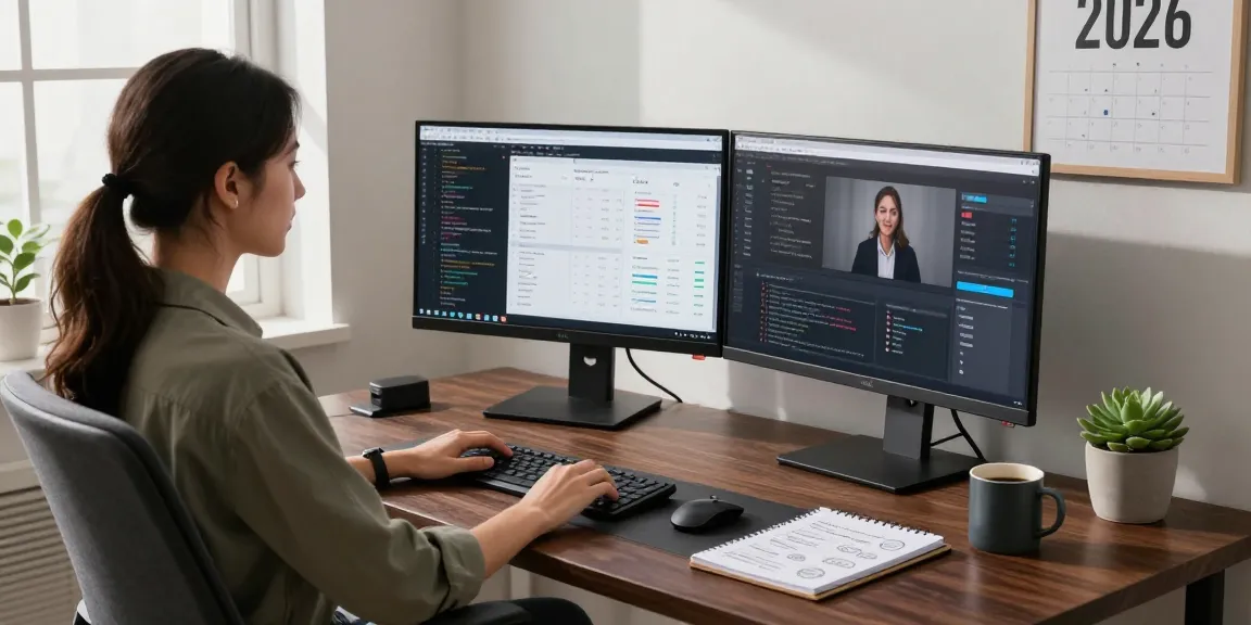 Efficient workspace with dual monitors highlighting Residential VPS solutions and analytics.