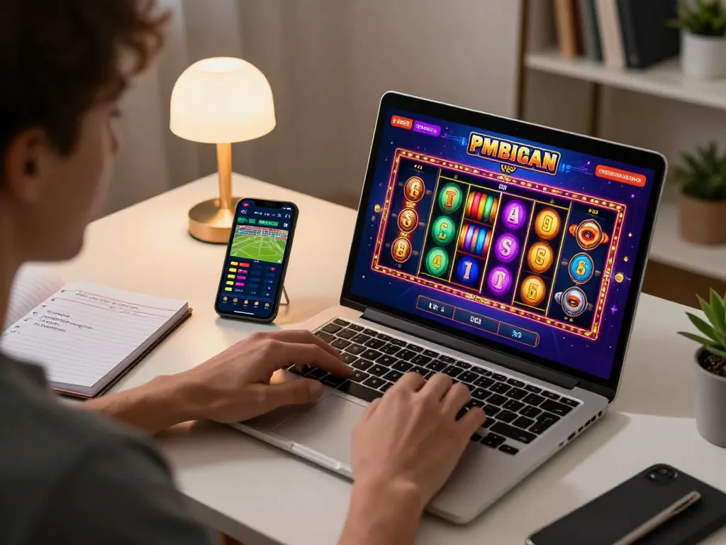 TIP88 player enjoying online casino slots with dynamic graphics in a cozy setup.