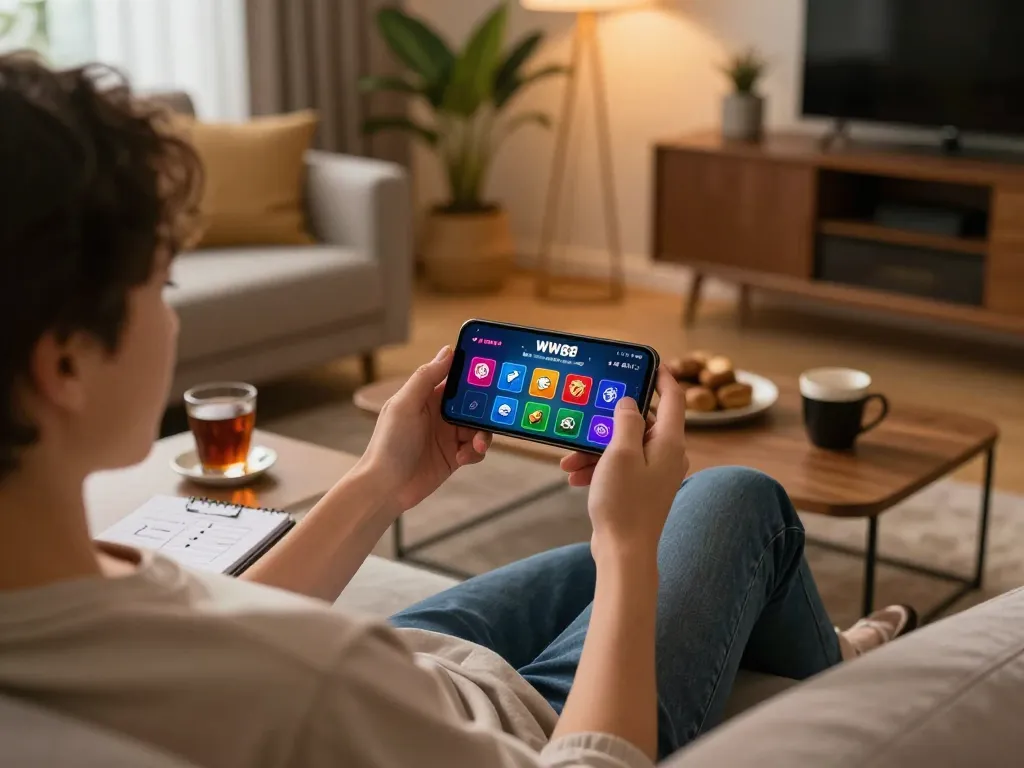 Engaging in WW88 online gaming app for strategic gameplay on smartphone in cozy living room.