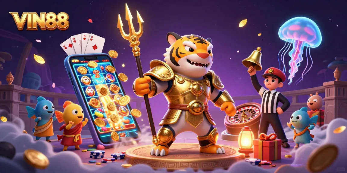 Experience thrilling action with VIN88 featuring a tiger shark in gladiator armor and vibrant casino elements.