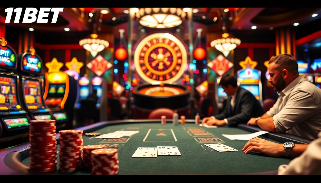 Experience thrilling gameplay at 11BET's luxurious casino, showcasing intense poker action and vibrant slots.