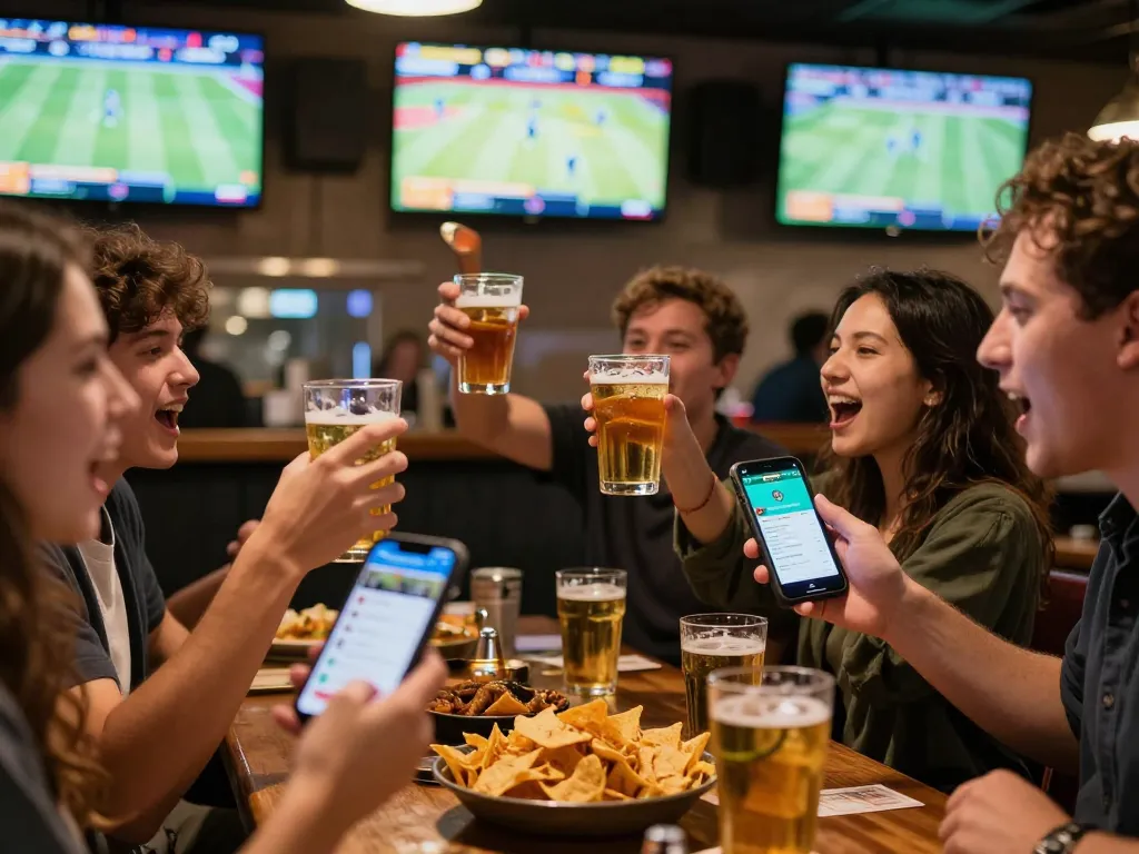 Engaging sports betting atmosphere with patrons using kèo nhà cái app in lively bar setting.