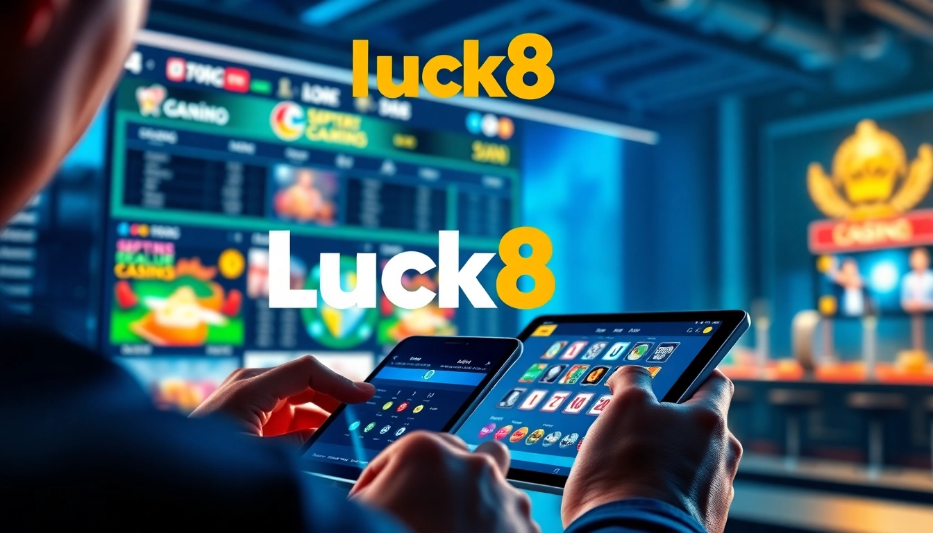 Eye-level view of a user enjoying the Luck8 platform, featuring sports betting and casino games on mobile devices.