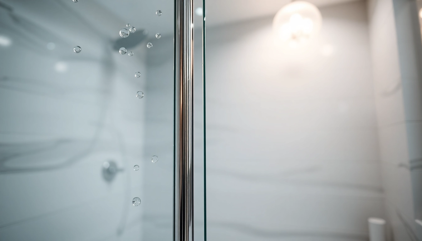 Show shower screen sliding door with polished chrome frame and water droplets in a modern bathroom.