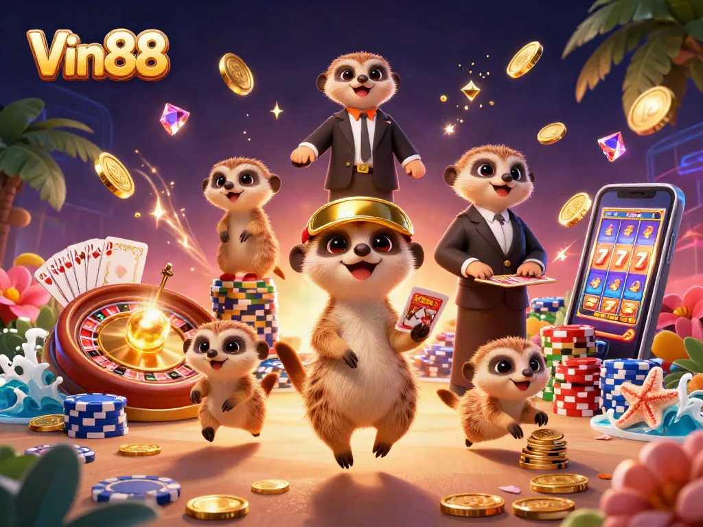 Engage with Vin88's thrilling casino action featuring meerkats running games and winning chips.