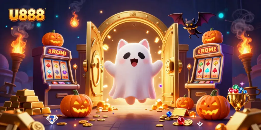 Engage with the U888 ghost cat in a thrilling haunted casino scene overflowing with treasures.