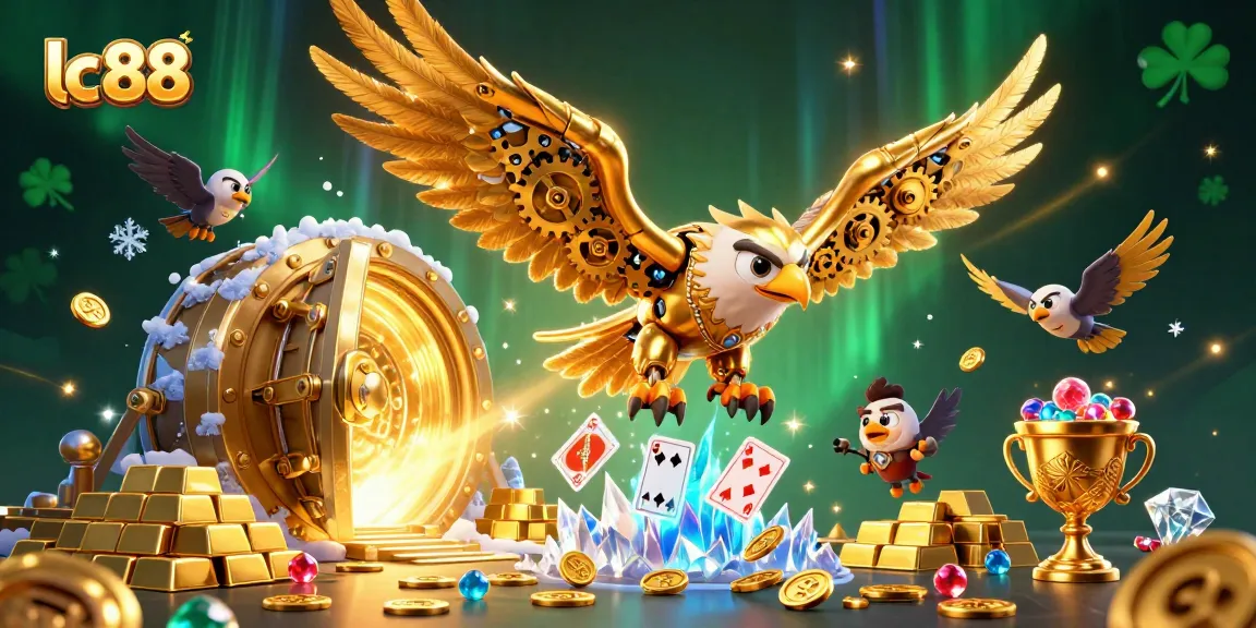 Experience the excitement of lc 88 as a cybernetic eagle dives through holographic cards amidst treasures.