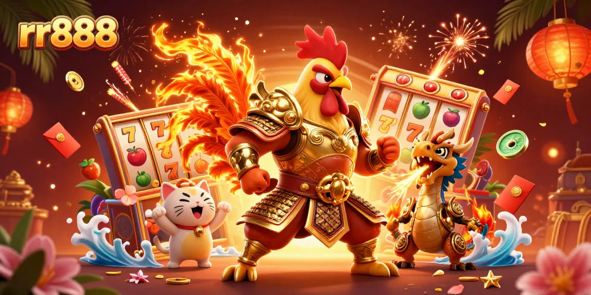 Engage with rr888's vibrant 3D illustration showcasing a rooster warrior and dragon amid casino slots and rewards.